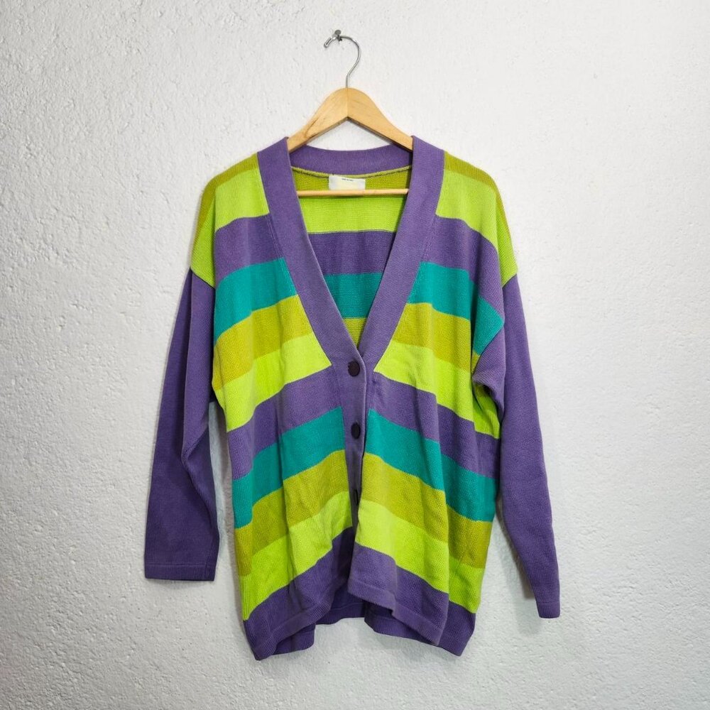 Vintage United Colors Of Benetton Green And Purple Striped Cardigan